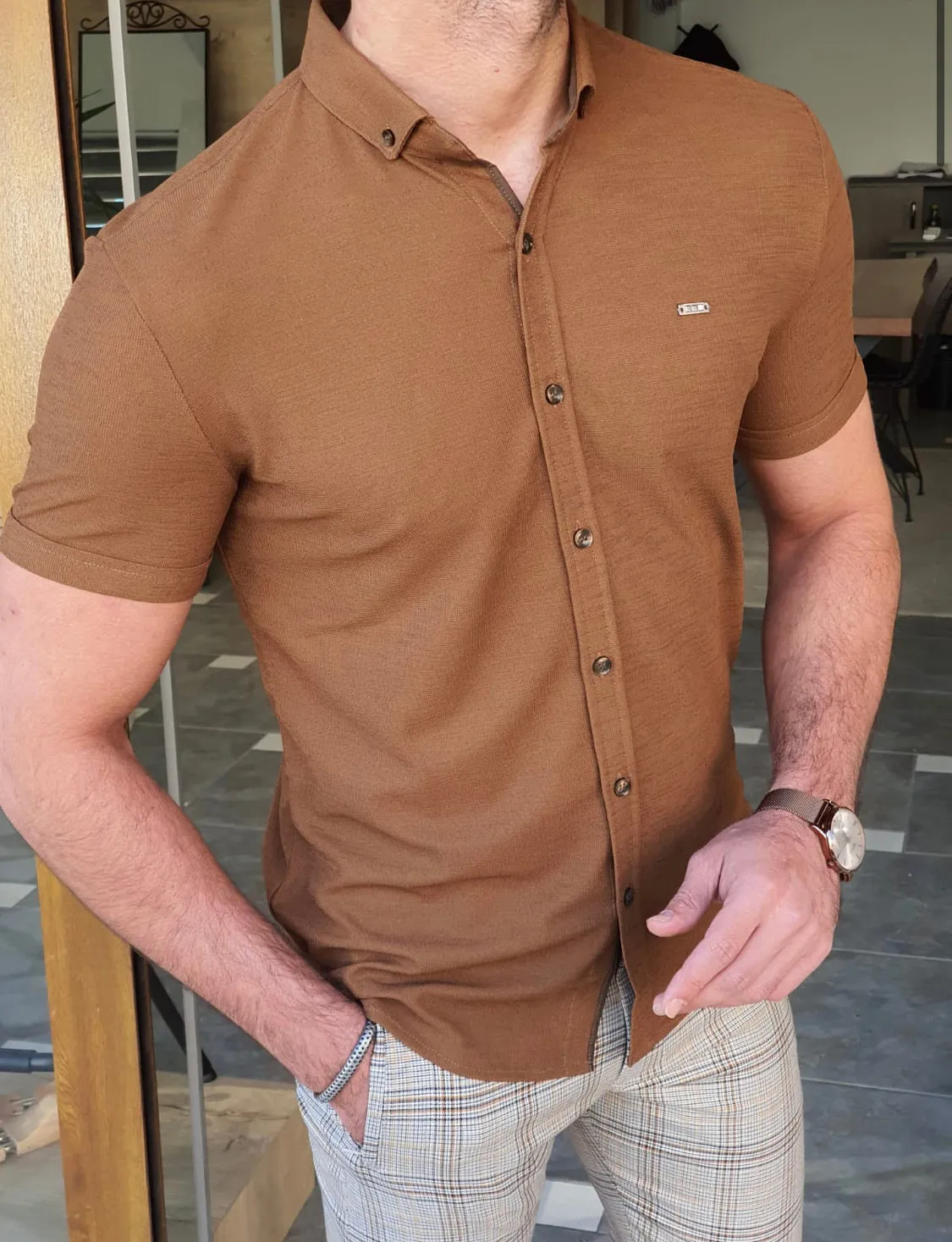 Akron Camel Slim Fit Short Sleeve Shirt