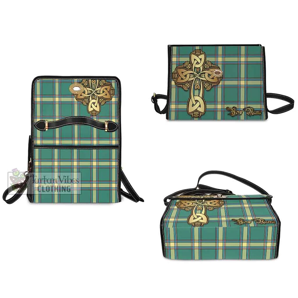 Alberta Province Canada Tartan Waterproof Canvas Bag Golden Thistle Celtic Cross Style