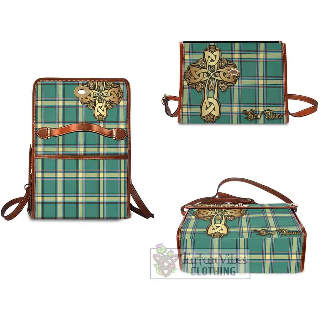 Alberta Province Canada Tartan Waterproof Canvas Bag Golden Thistle Celtic Cross Style