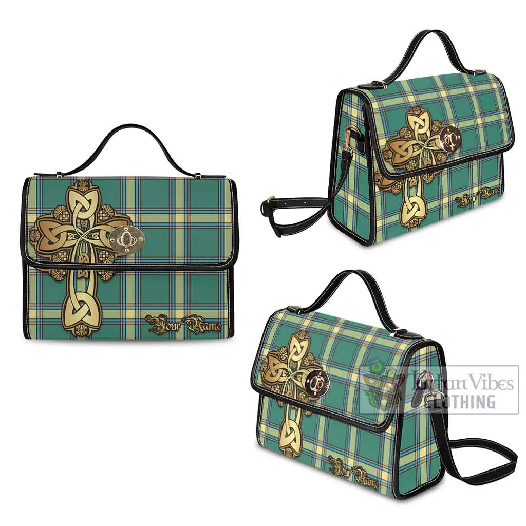 Alberta Province Canada Tartan Waterproof Canvas Bag Golden Thistle Celtic Cross Style