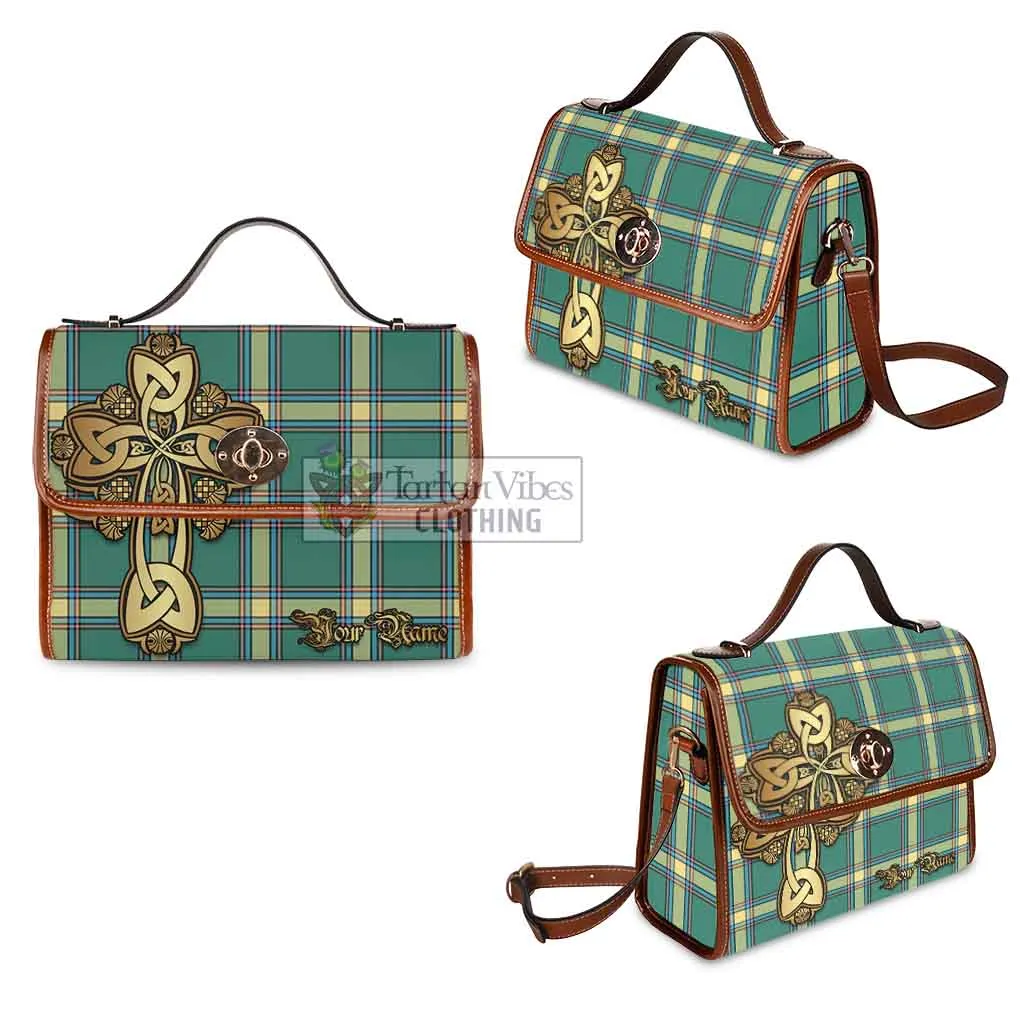 Alberta Province Canada Tartan Waterproof Canvas Bag Golden Thistle Celtic Cross Style