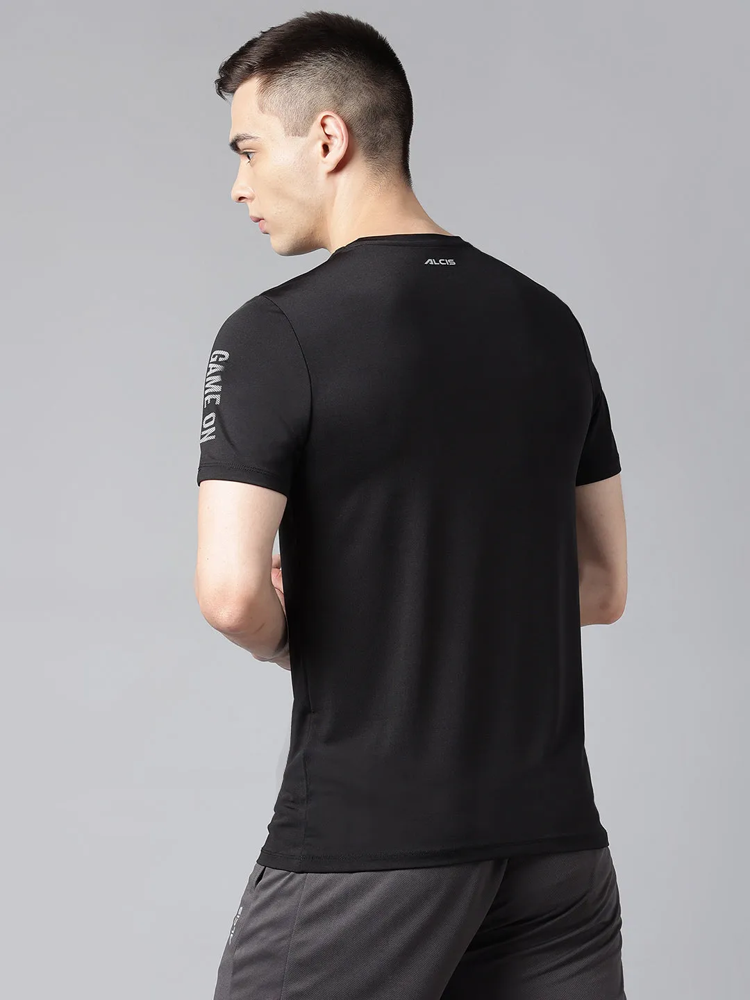 Alcis Men's Printed Black Anti-Static Drytech  Slim-Fit Training Tee