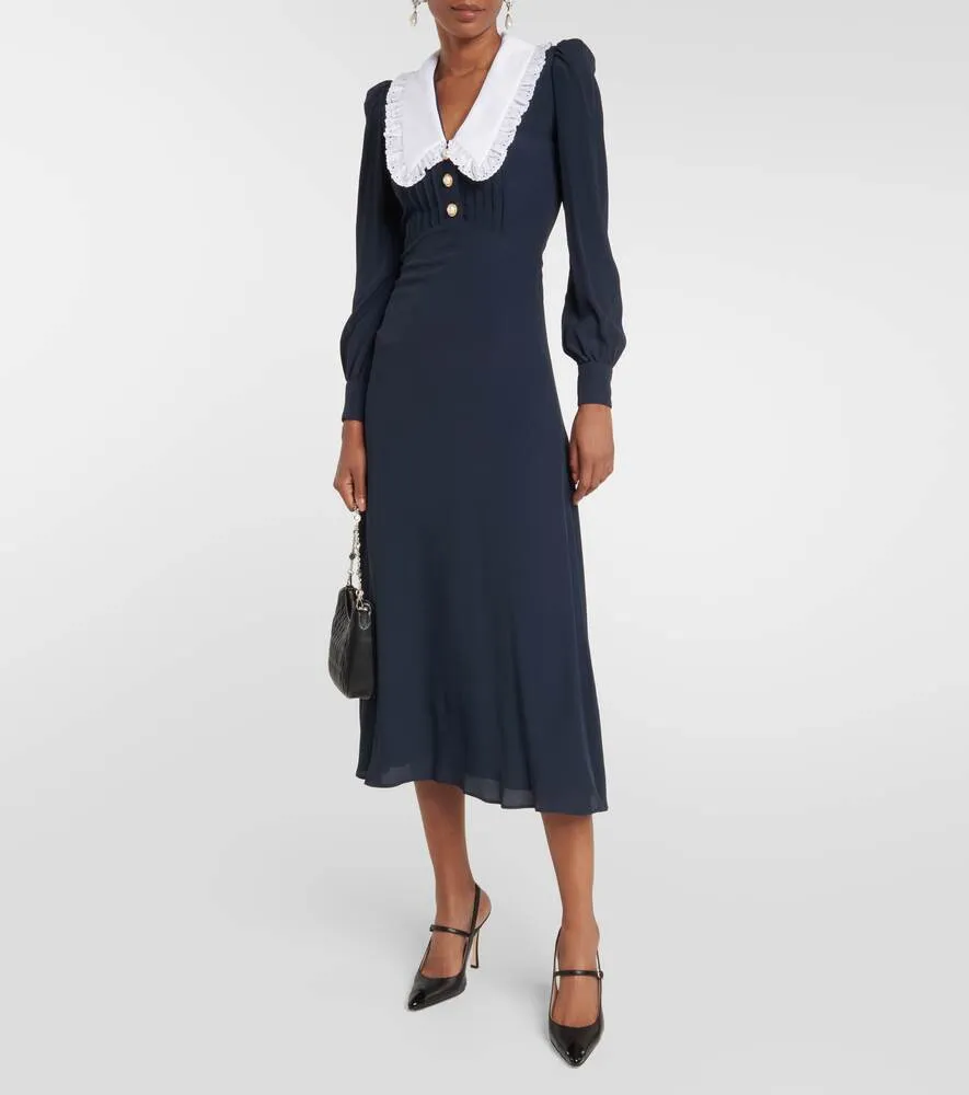 ALESSANDRA RICH silk blend midi dress with collar, blue