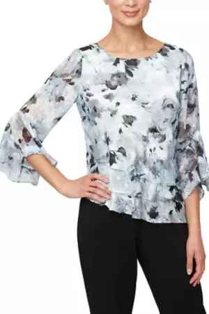 Alex Evenings 3/4 Sleeve Scoop Neck Asymmetrical Hem Floral Printed Blouse