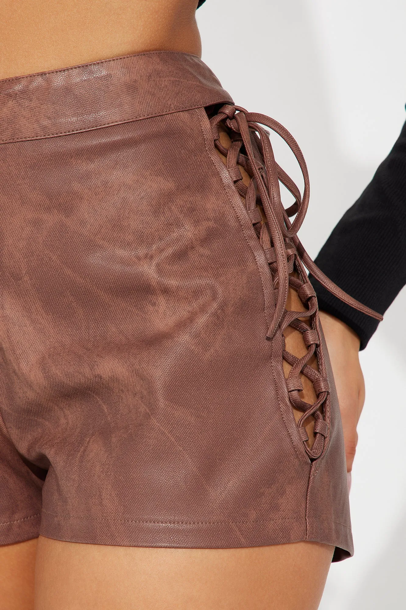 Alexa Lace Up Washed Faux Leather Short - Brown