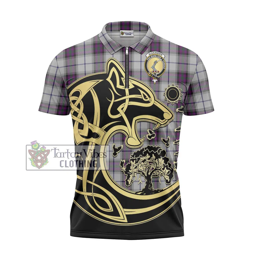 Alexander of Menstry Dress Tartan Zipper Polo Shirt with Family Crest Celtic Wolf Style