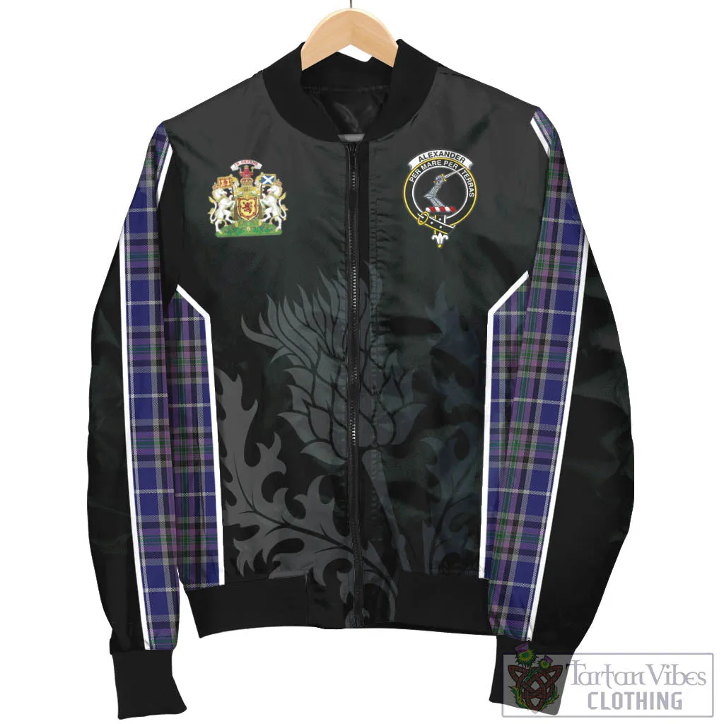 Alexander of Menstry Tartan Bomber Jacket with Family Crest and Scottish Thistle Vibes Sport Style