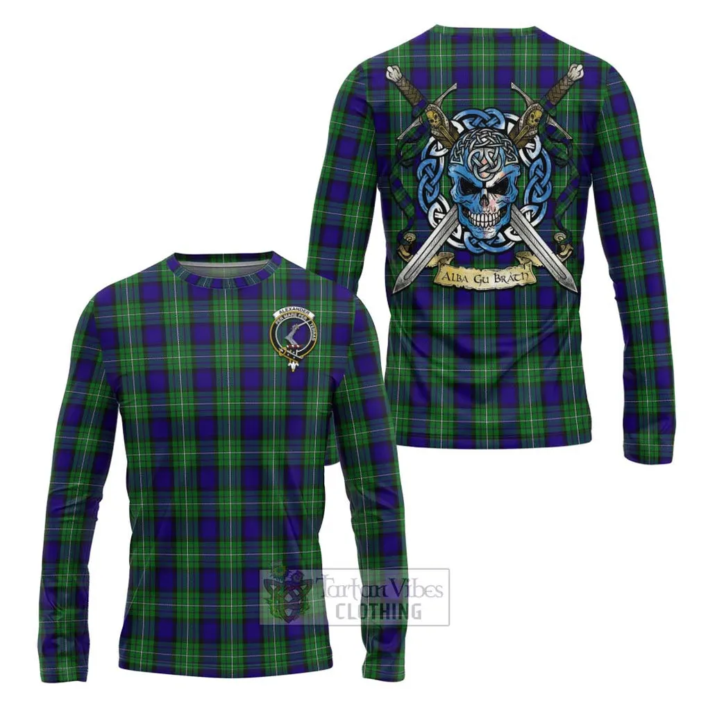 Alexander Tartan Long Sleeve T-Shirt with Family Crest Celtic Skull Style