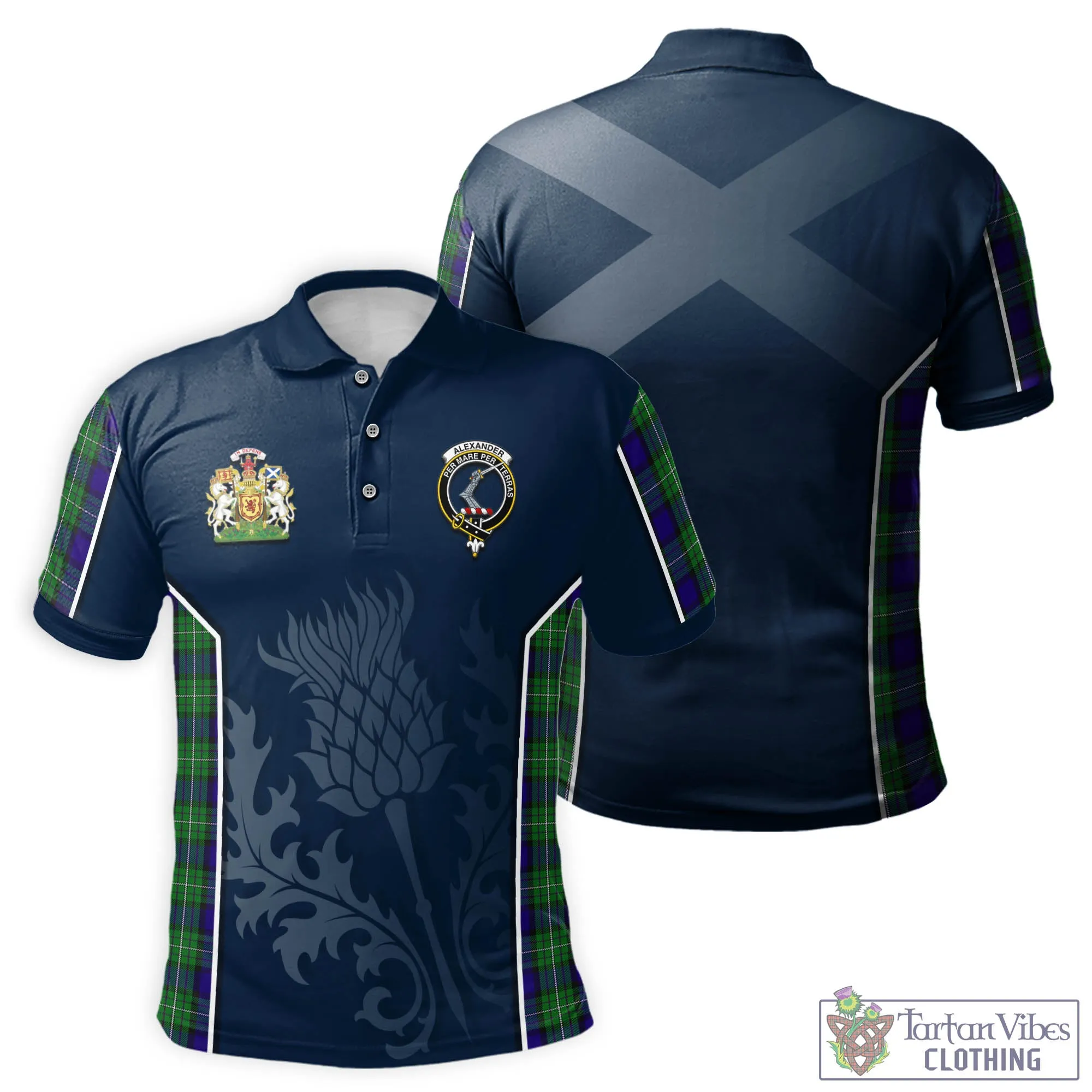 Alexander Tartan Men's Polo Shirt with Family Crest and Scottish Thistle Vibes Sport Style