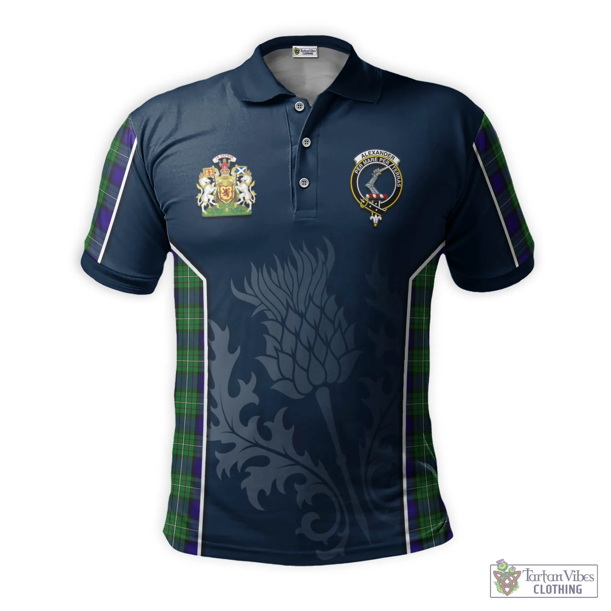 Alexander Tartan Men's Polo Shirt with Family Crest and Scottish Thistle Vibes Sport Style