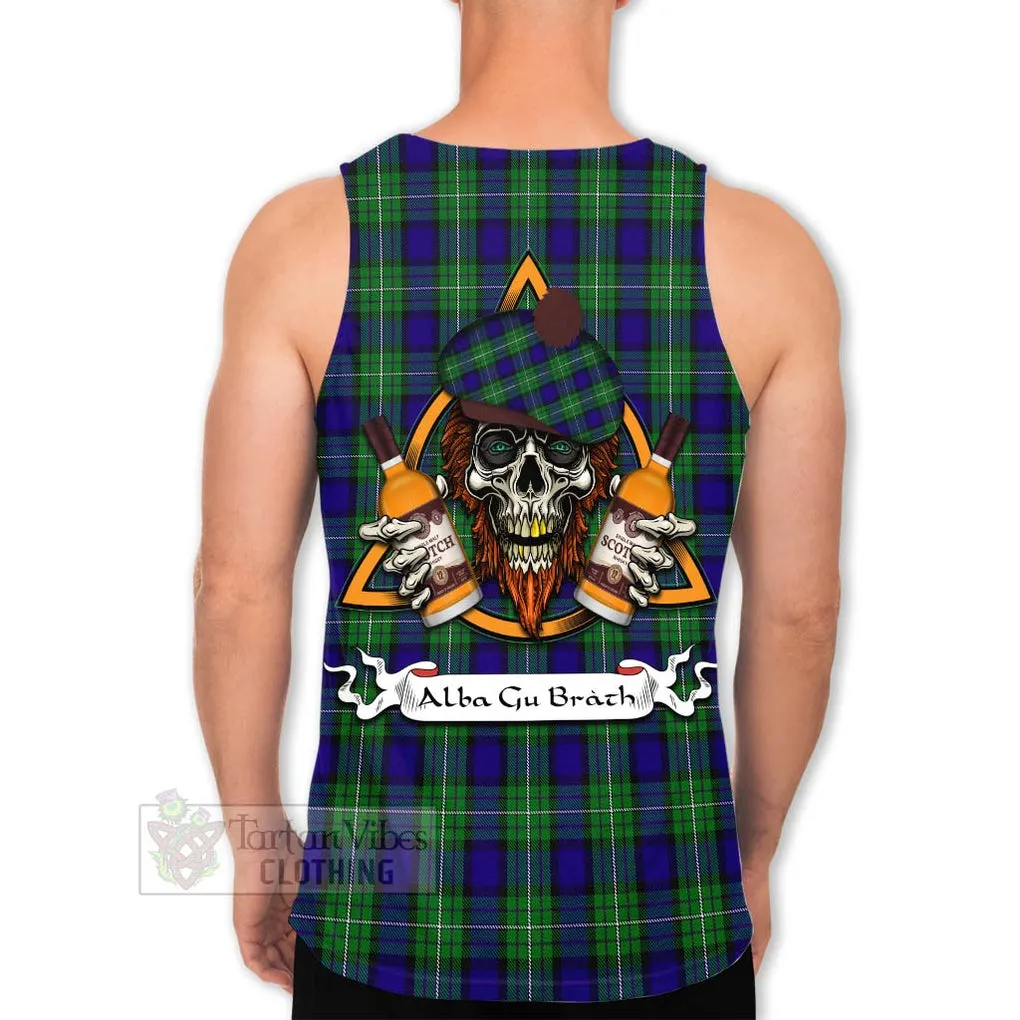 Alexander Tartan Men's Tank Top with Family Crest and Bearded Skull Holding Bottles of Whiskey