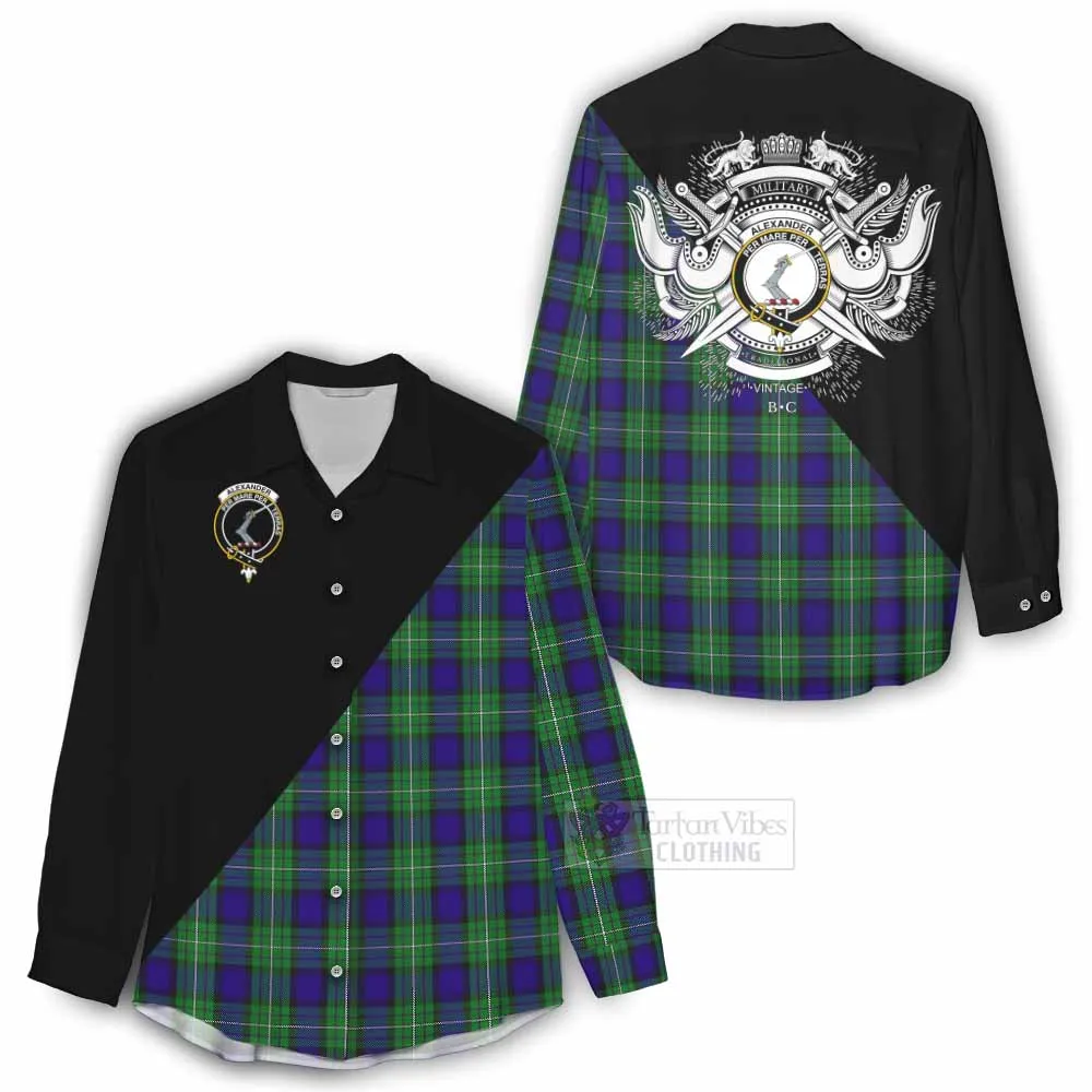 Alexander Tartan Women's Casual Shirt with Family Crest and Military Logo Style