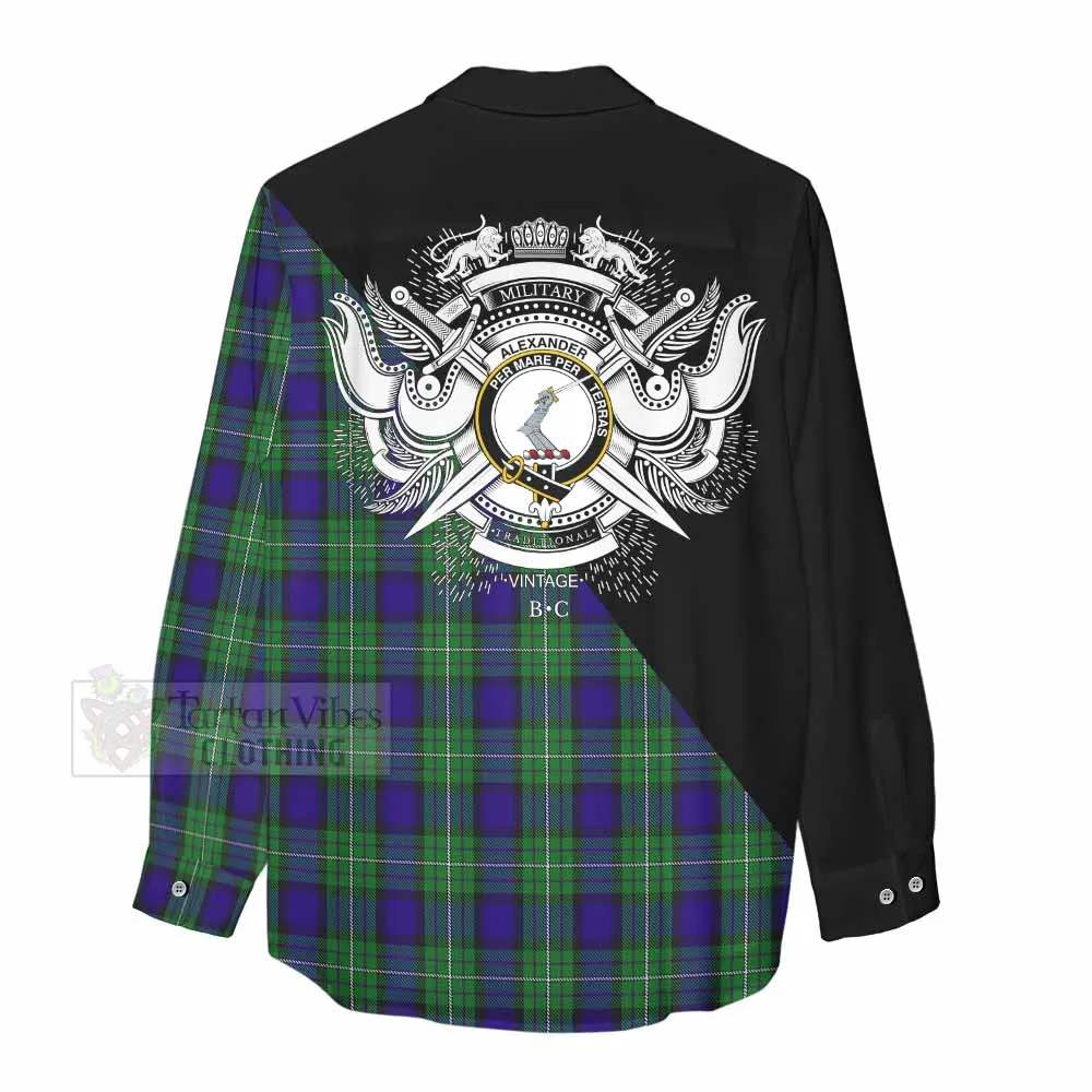 Alexander Tartan Women's Casual Shirt with Family Crest and Military Logo Style