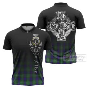 Alexander Tartan Zipper Polo Shirt Featuring Alba Gu Brath Family Crest Celtic Inspired