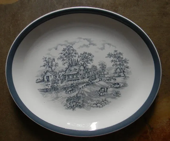 Alfred Meakin "Home in the Country" Slate Gray English Transferware Platter Grazing Cows / Cattle Charming Farmstead Pastoral Scene - Cottage in the Country -