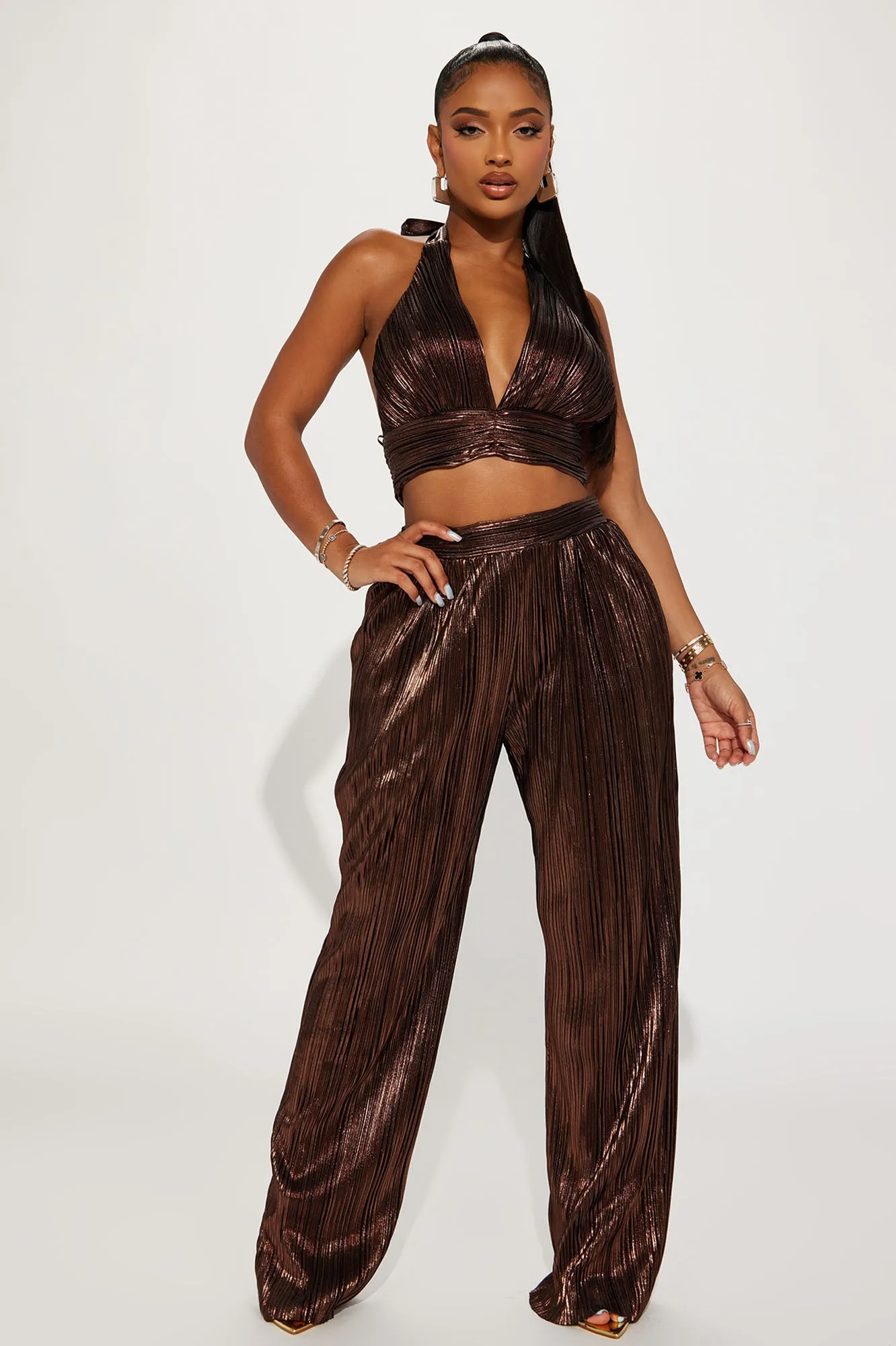 Alisha Metallic Pant Set - Chocolate