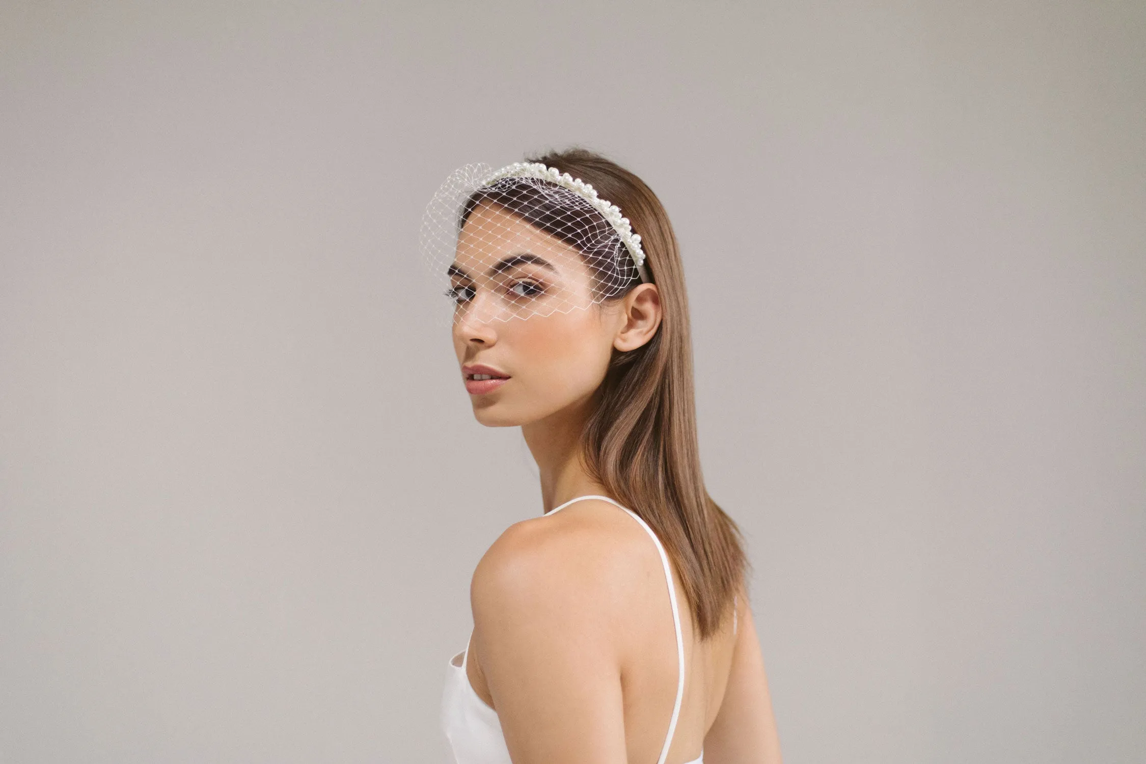 Alix: Pearl Headband with Birdcage Veil