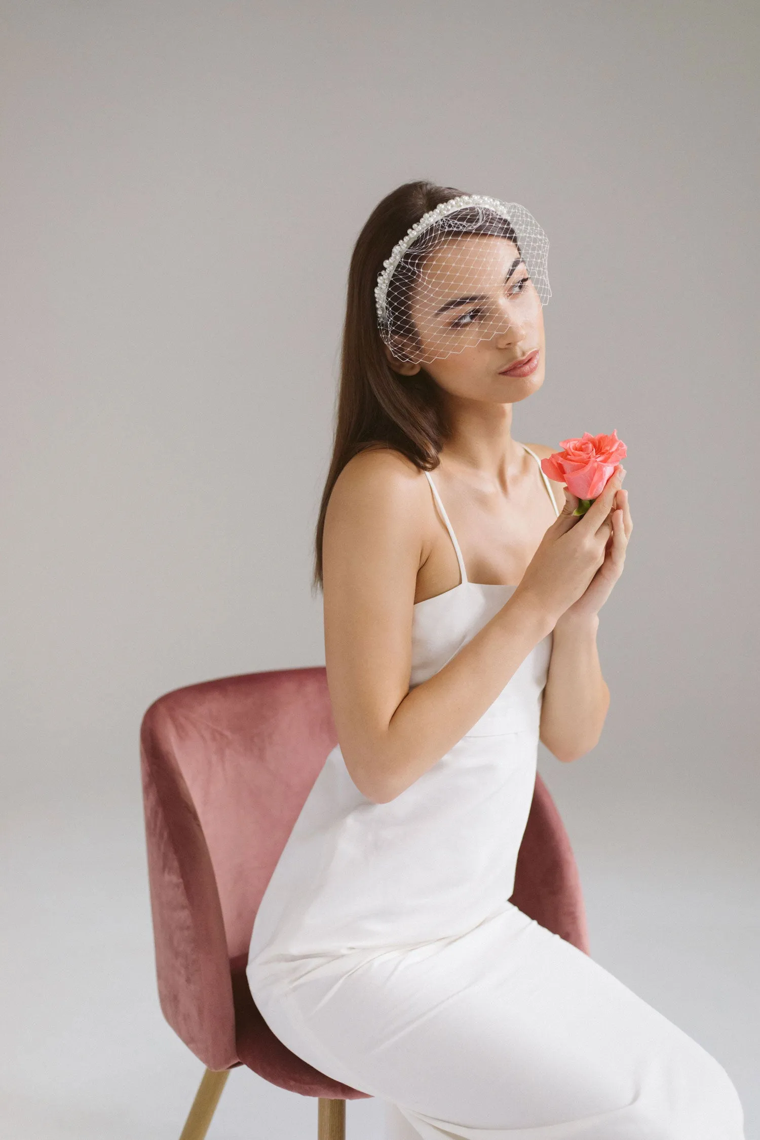 Alix: Pearl Headband with Birdcage Veil