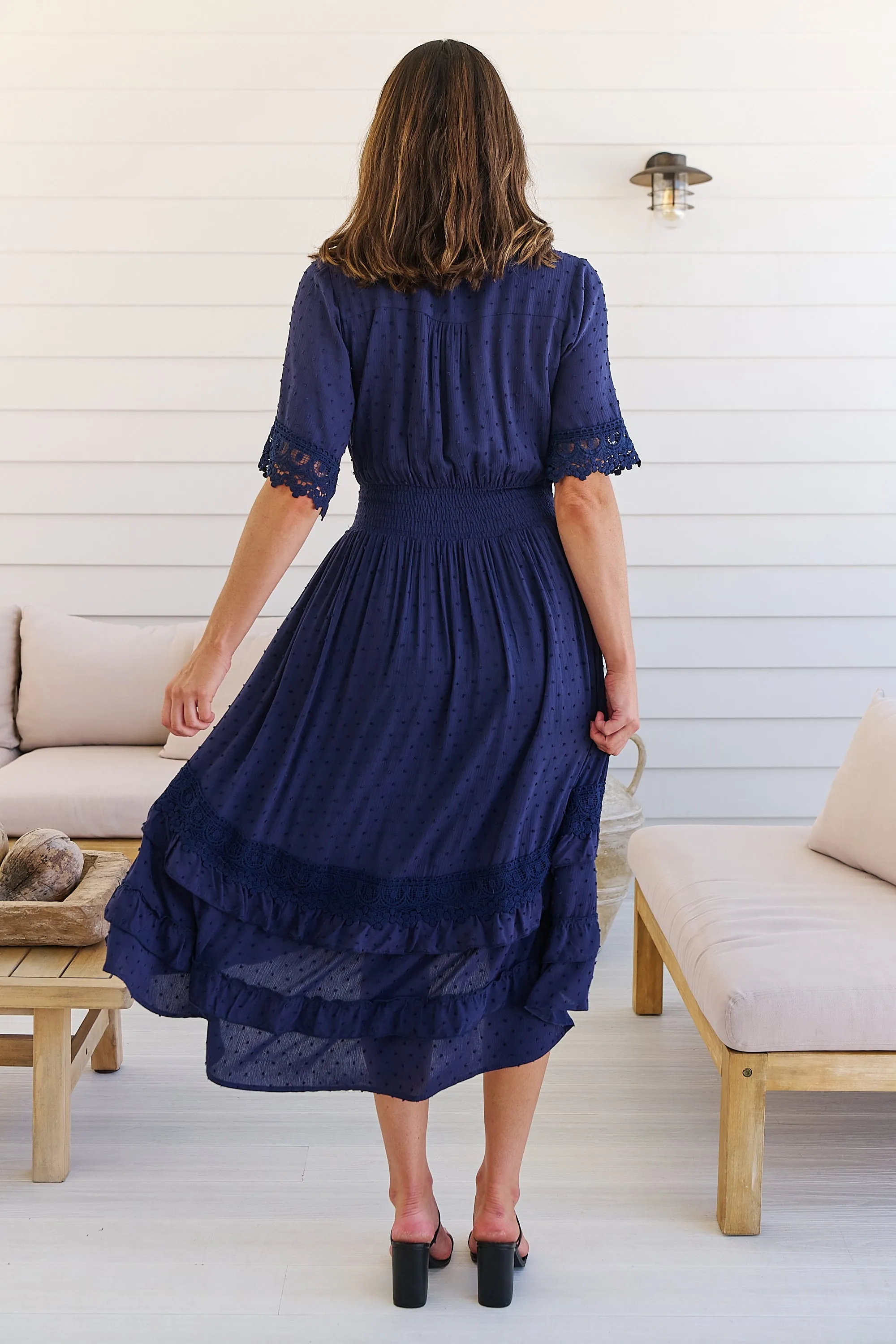 Alize Lace Detail Shirred Waist Swiss Dot Navy Midi Dress