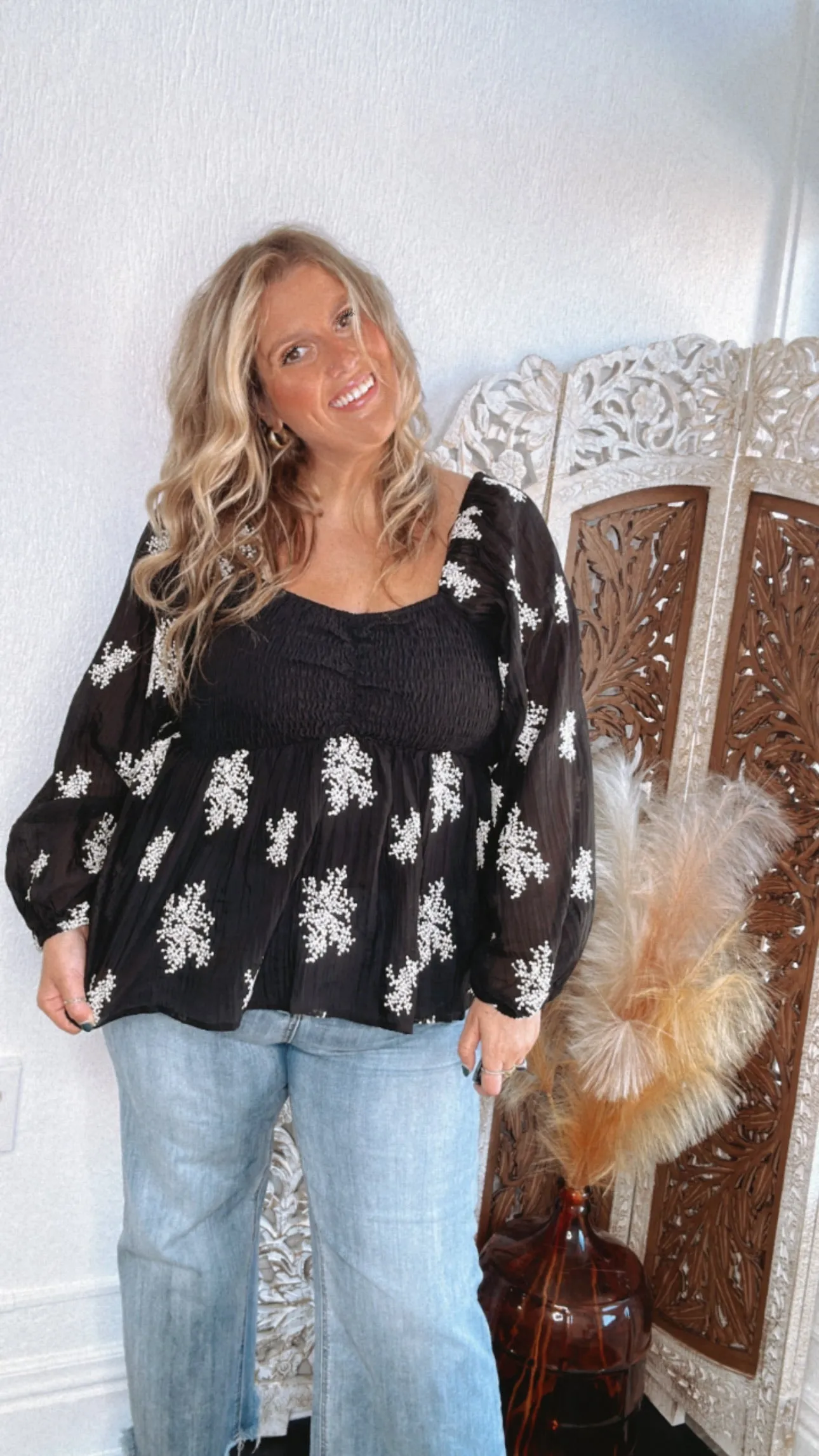 All About Details Embroidered Smocked Blouse, Black