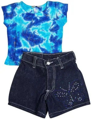 All About Me - Girls Short Sleeve Tie Dye Denim Short Set