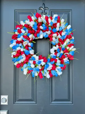 All-American Tulip Wreath with Red, White & Blue Flowers