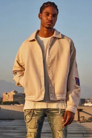 All Around The World Varsity Jacket - Beige