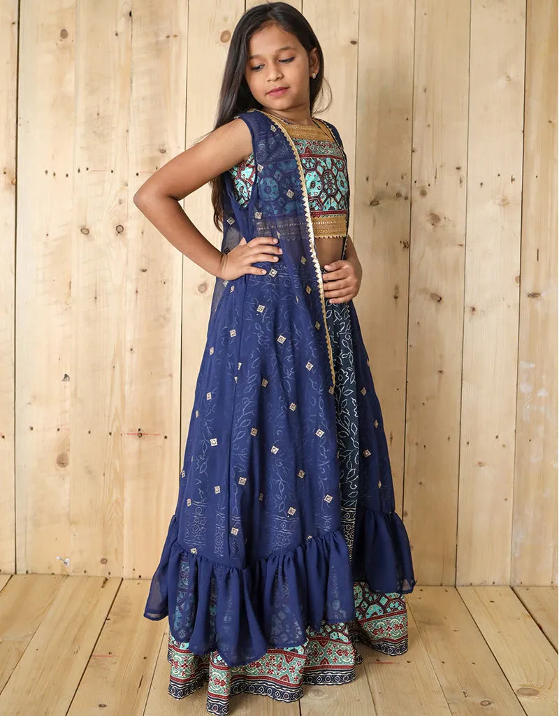 All Season Designer Silk Digital Print Work Shrug Sequance Work Blue Kids Lehenga Choli Silk Blue