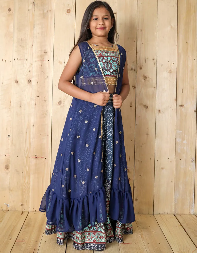 All Season Designer Silk Digital Print Work Shrug Sequance Work Blue Kids Lehenga Choli Silk Blue