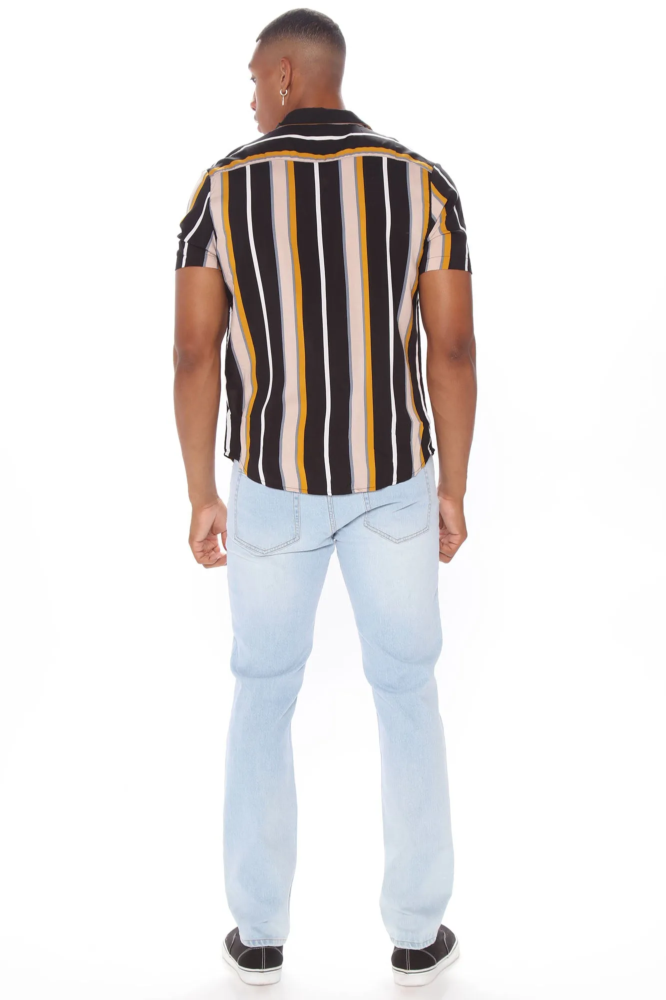 All The Way Up Vertical Striped Short Sleeve Woven Top - Black/combo