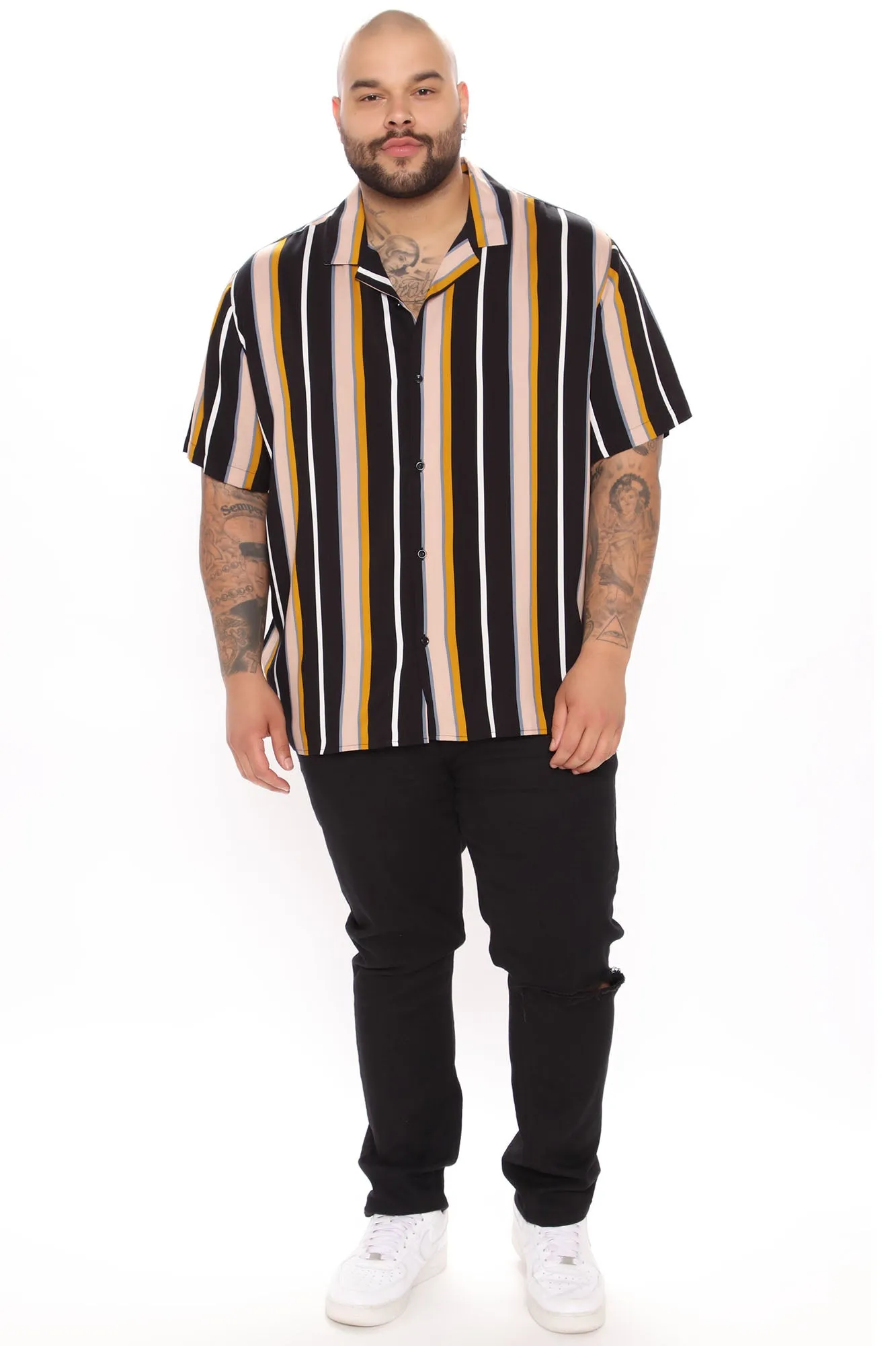 All The Way Up Vertical Striped Short Sleeve Woven Top - Black/combo