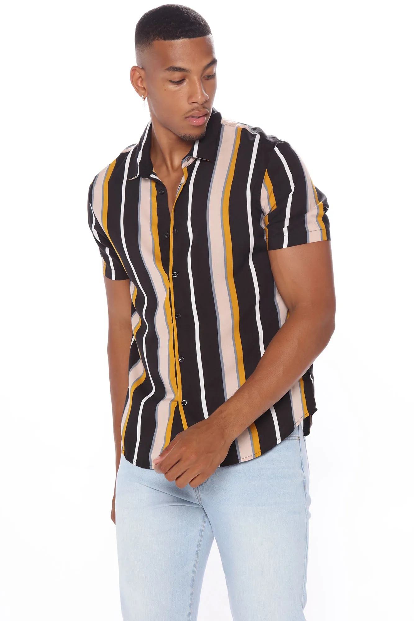 All The Way Up Vertical Striped Short Sleeve Woven Top - Black/combo