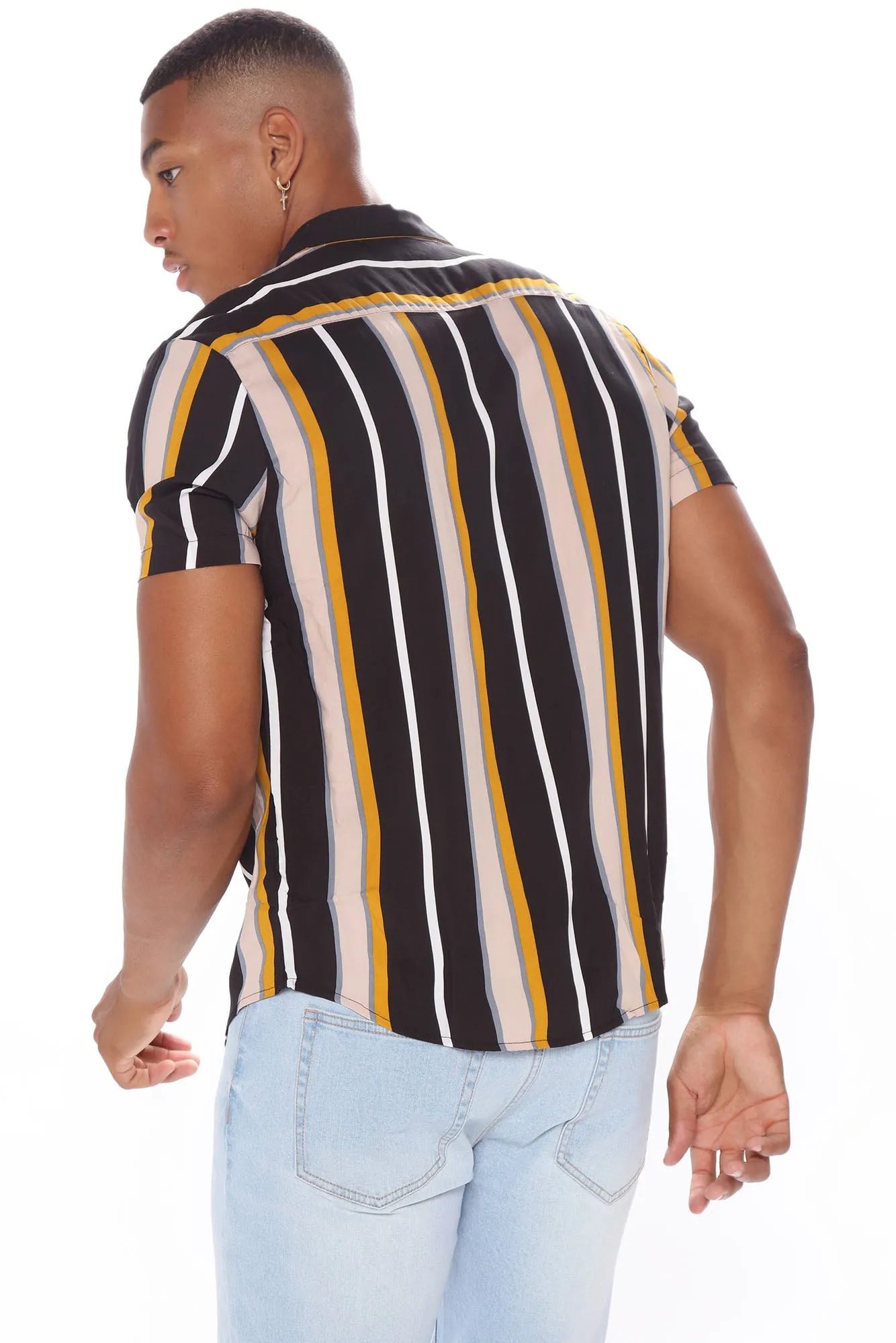 All The Way Up Vertical Striped Short Sleeve Woven Top - Black/combo