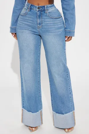 All The While Cuffed Wide Leg Jeans - Light Wash