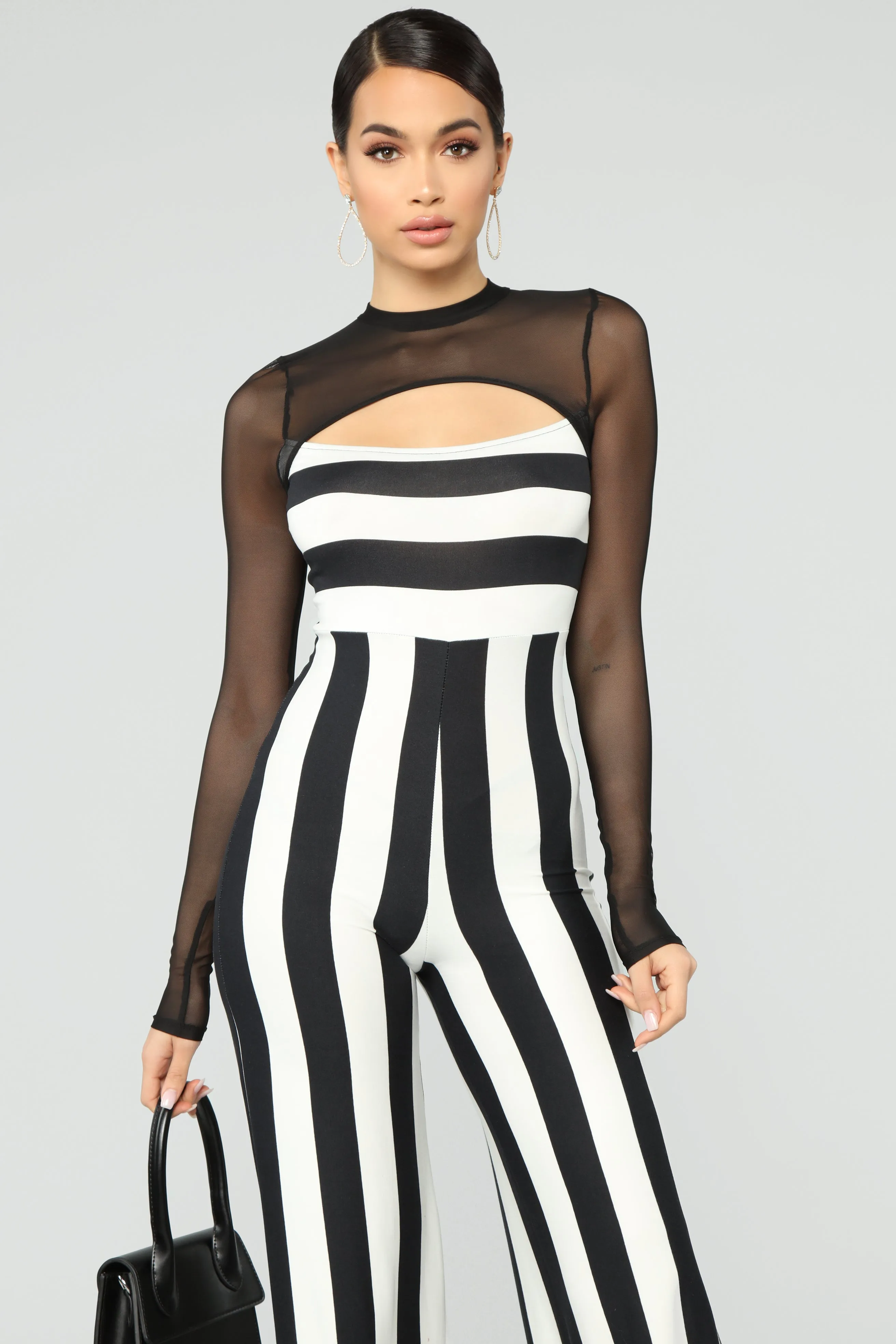 All Up To You Stripe Jumpsuit - Black/White