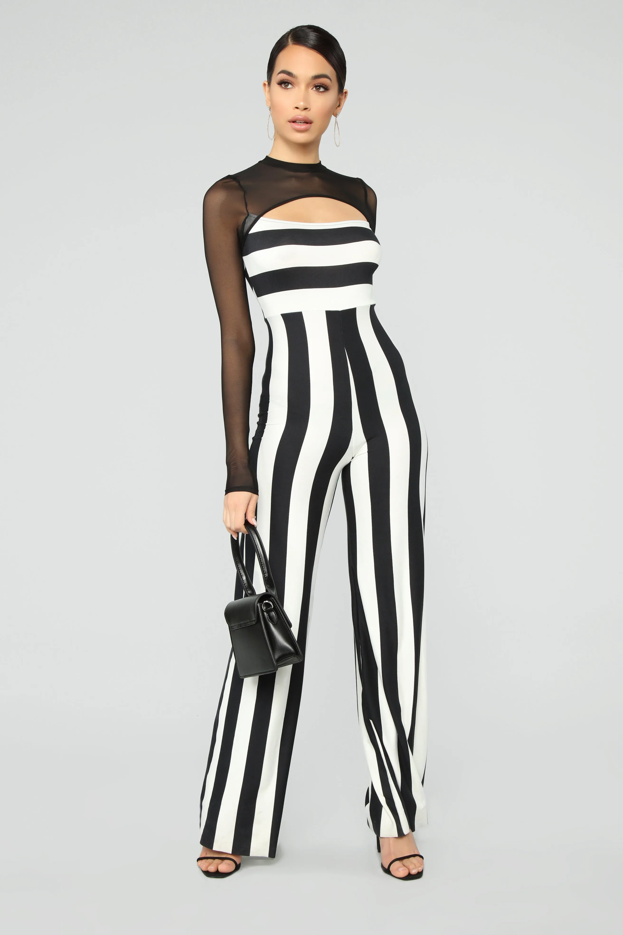 All Up To You Stripe Jumpsuit - Black/White