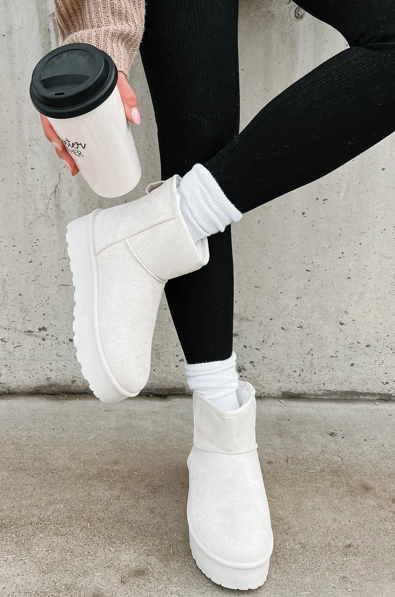 All Warm & Bundled Faux Fur Lined Mini Platform Booties (Off White)