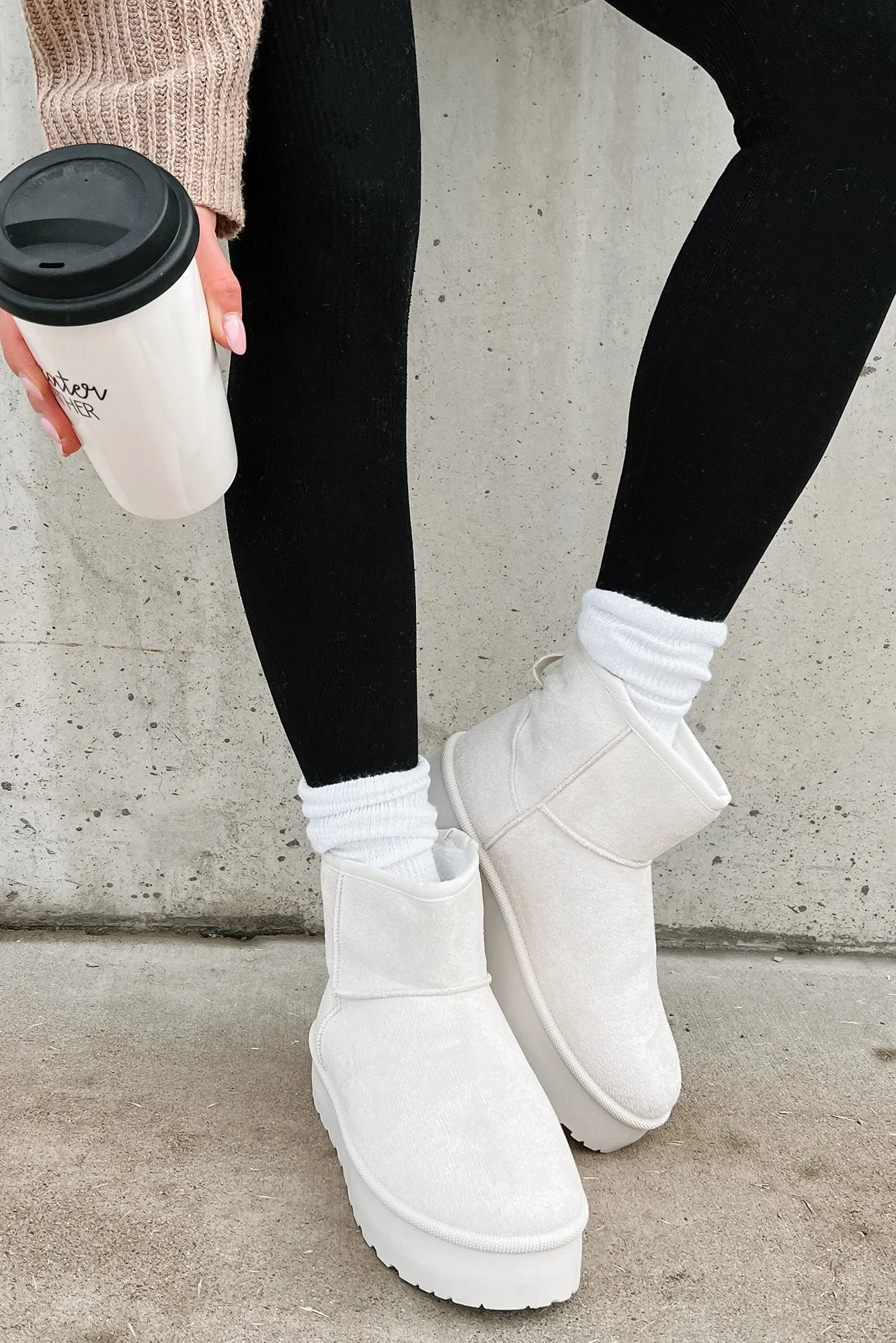 All Warm & Bundled Faux Fur Lined Mini Platform Booties (Off White)