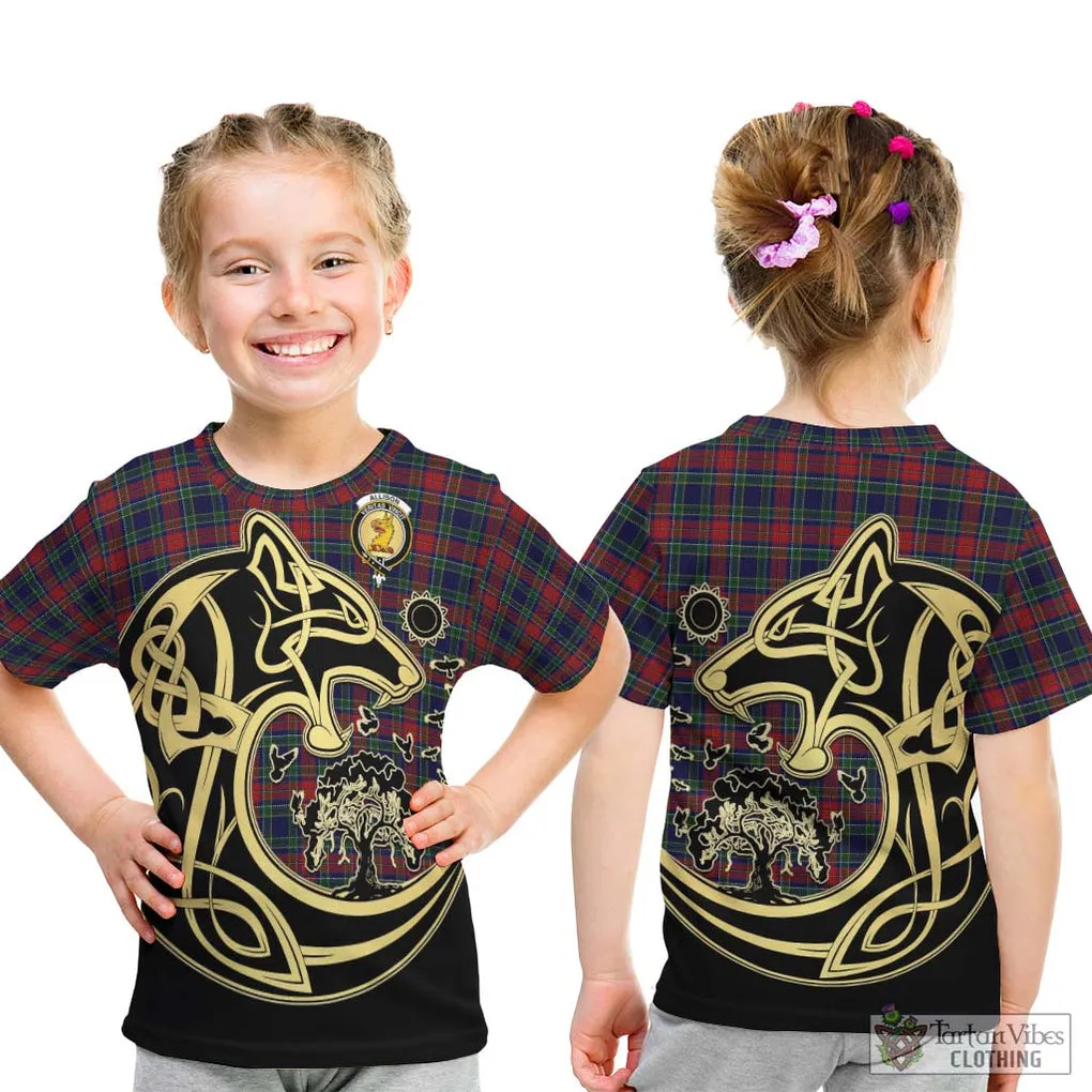 Allison Red Tartan Kid T-Shirt with Family Crest Celtic Wolf Style