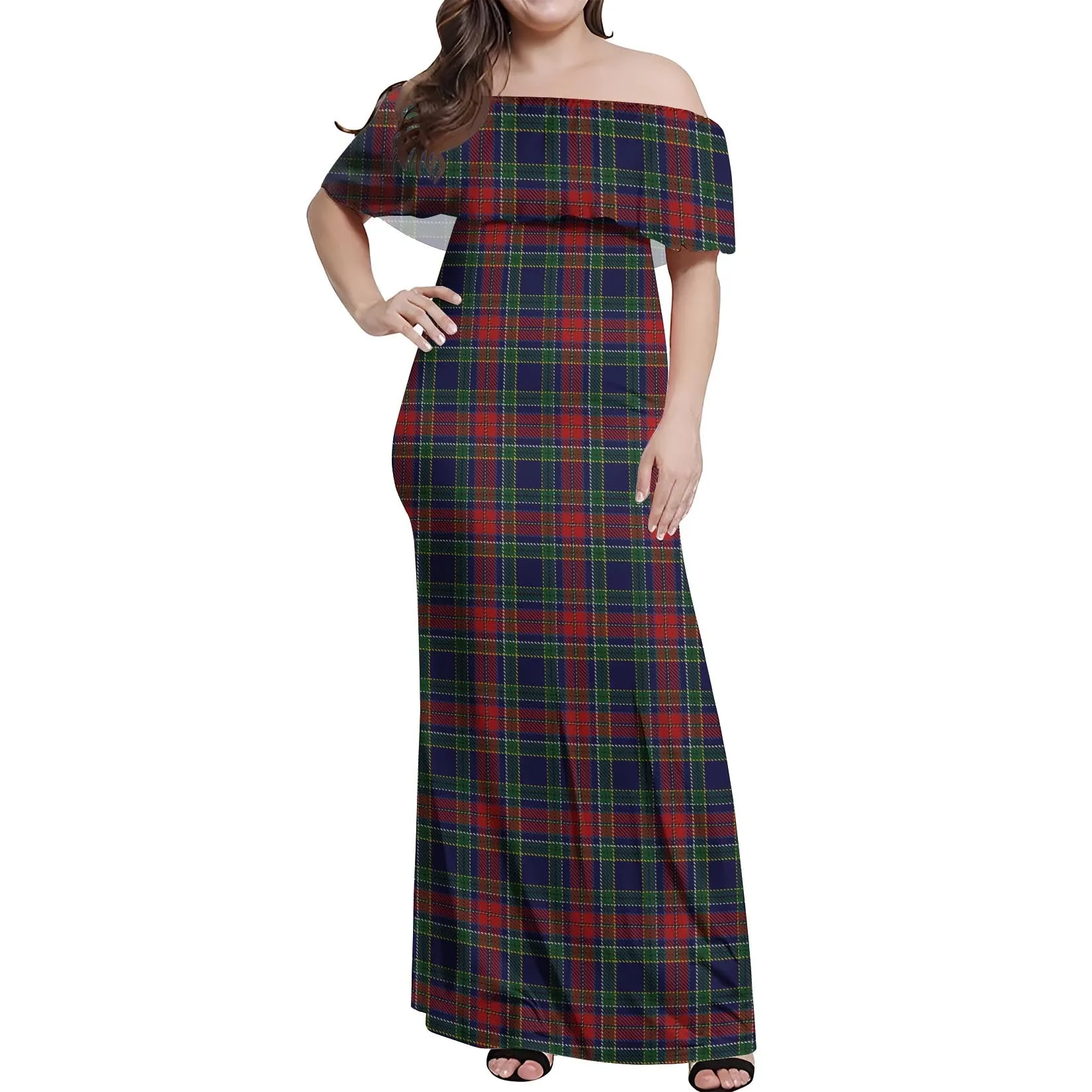 Allison Red Tartan Off Shoulder Long Dress