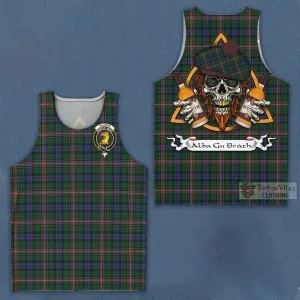 Allison Tartan Men's Tank Top with Family Crest and Bearded Skull Holding Bottles of Whiskey