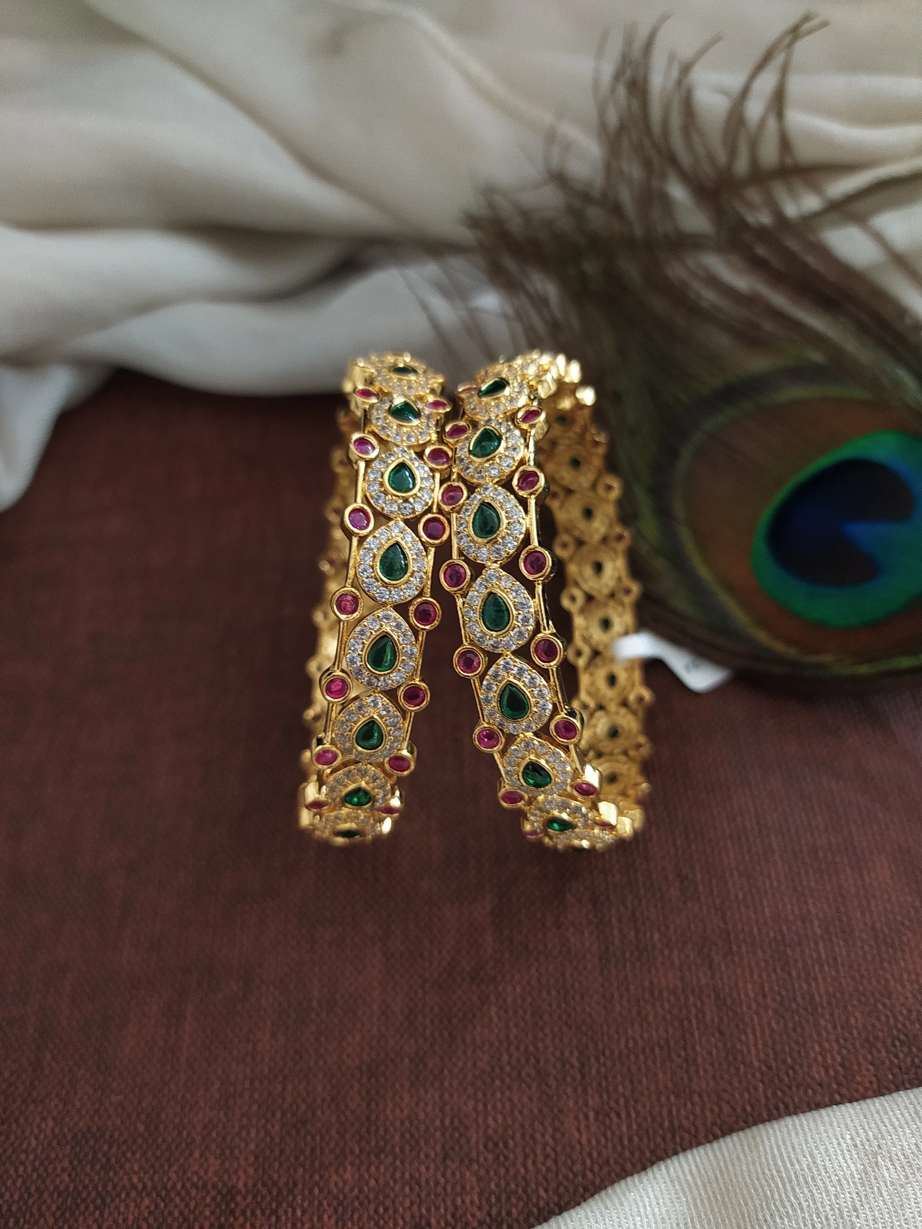 Alluring Design Ruby and Green Stones Zircon Bangles