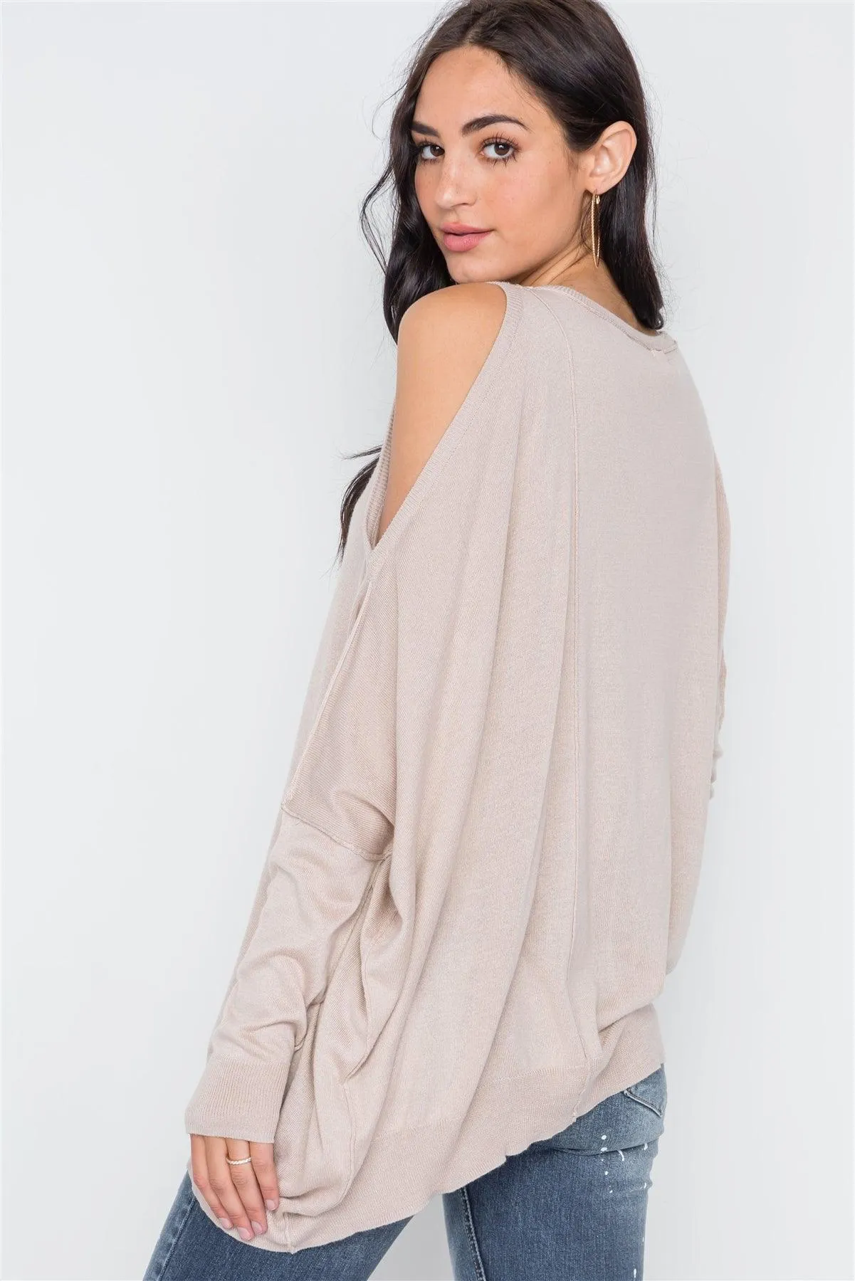 Almond Asymmetrical Hem Seamed Sweater