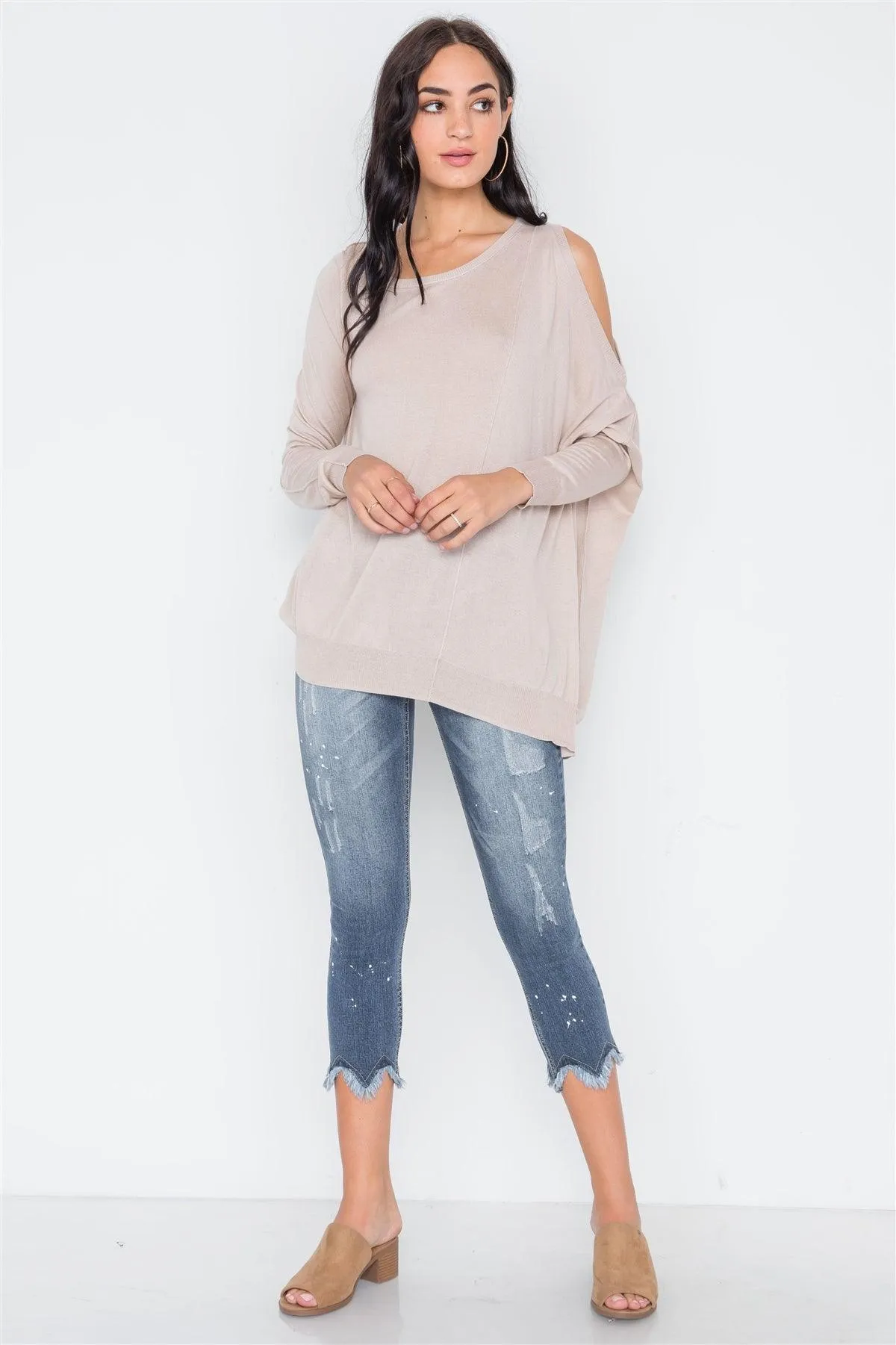 Almond Asymmetrical Hem Seamed Sweater