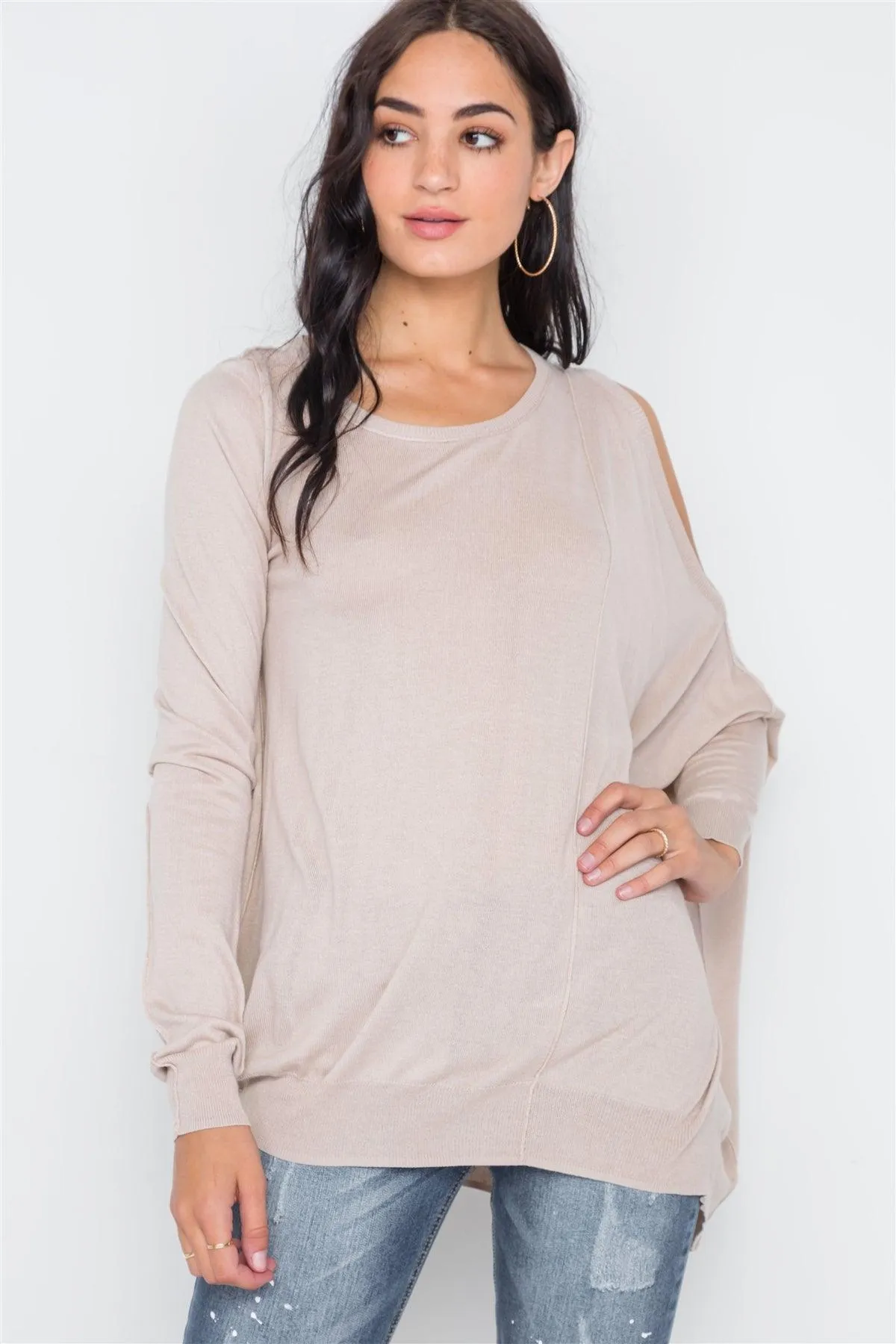 Almond Asymmetrical Hem Seamed Sweater