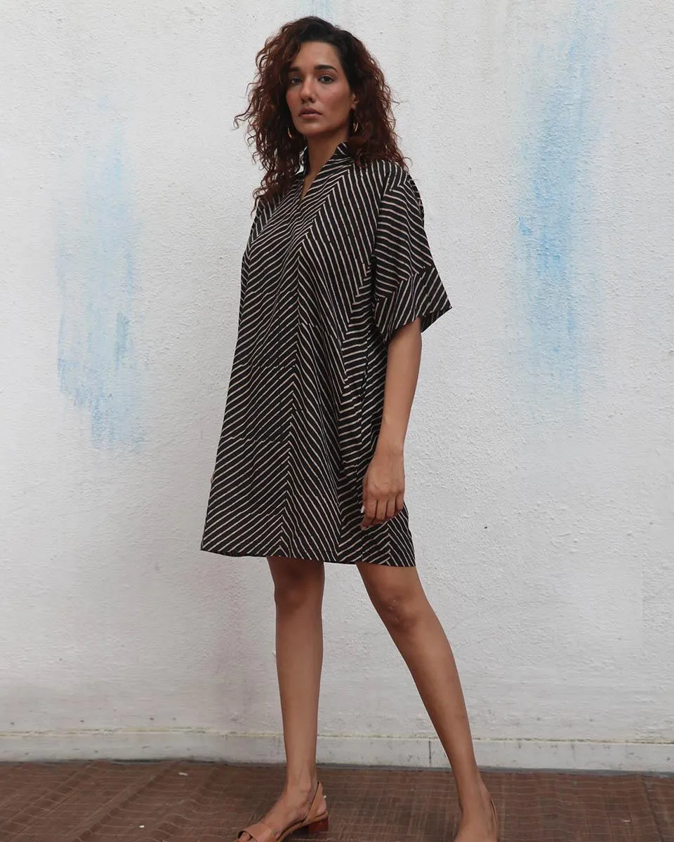 Almond Butter  Handblock Printed Cotton Dress - Mono