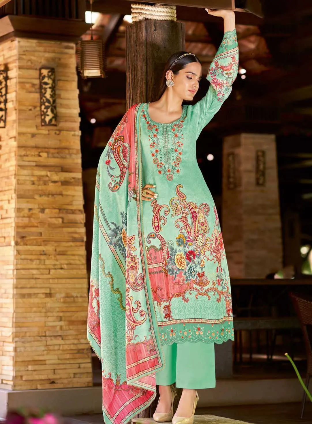 Alok Unstitched Green Pakistani Printed Salwar Suit Material