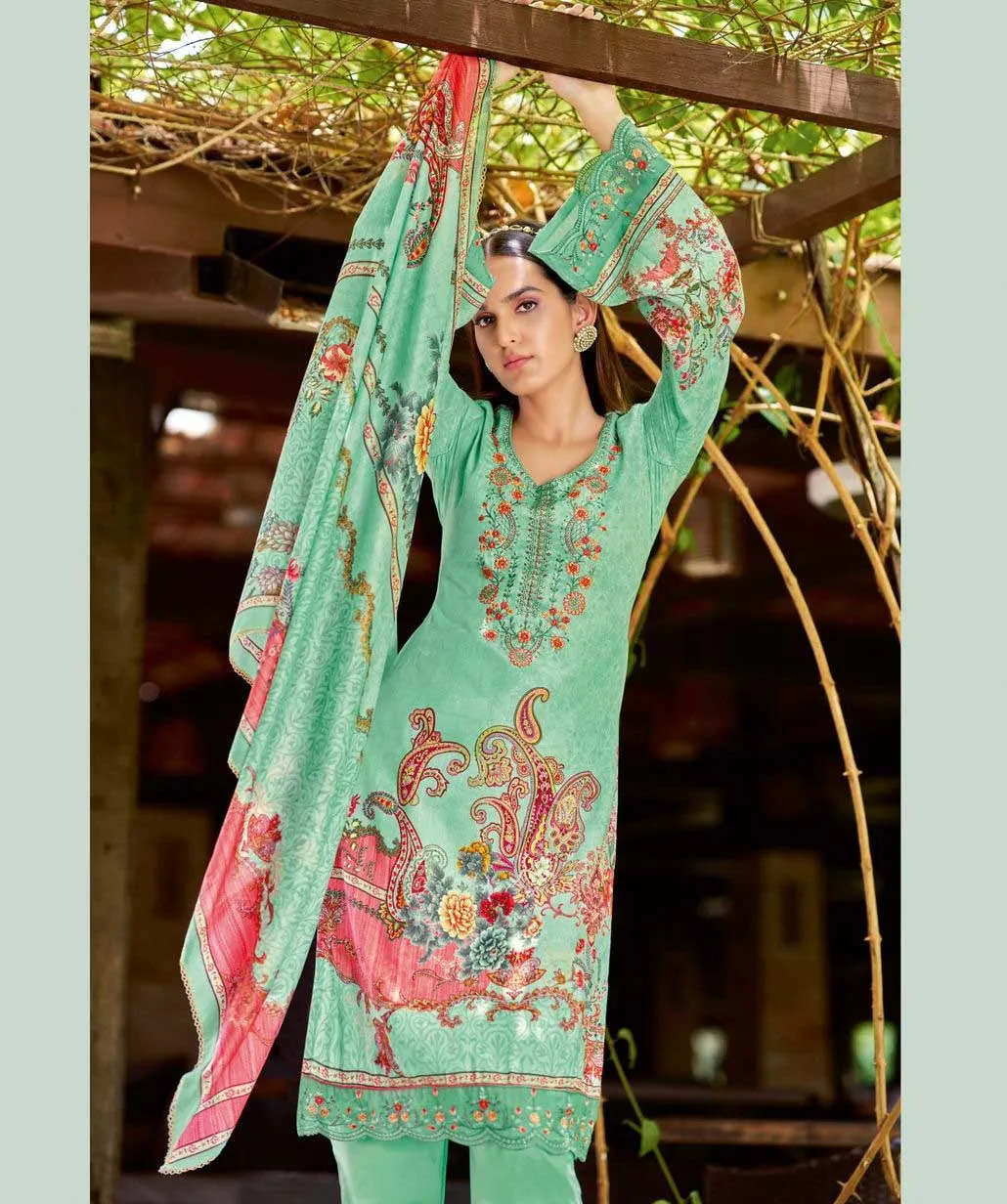 Alok Unstitched Green Pakistani Printed Salwar Suit Material