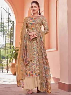 Alok Unstitched Printed Beige Cotton Salwar Suits Set