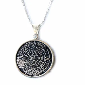 Alpaca Silver Aztec Calendar Pendant with Chain